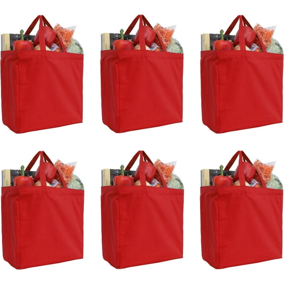 Reusable Heavy Duty 100% Cotton Canvas Grocery Bags | Pack of 6 | With Strong Handles Holds up to 50lbs | Eco Friendly | Large Size 14x14x7.5" - Red