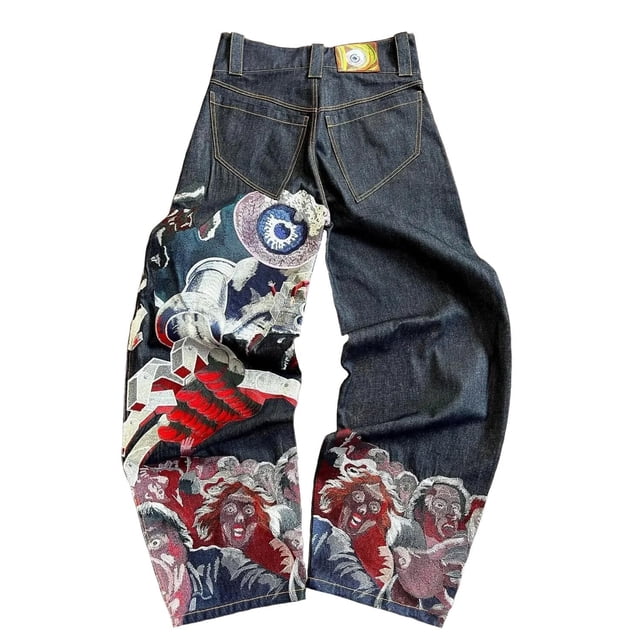 Pantalones vaqueros unisex estilo hip-hop gótico urbano de talle alto y corte holgado con diseños rasgados y bordados for hombre y mujer