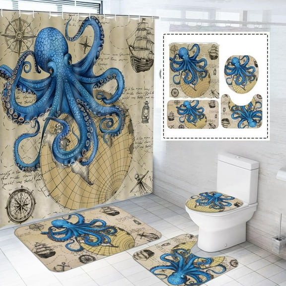 4Pcs Nautical Octopus Shower Curtain Sets with Rugs, Ocean Kraken Bathroom Set with Shower Curtain and Rugs, Navy Blue Funny Vintage Bathroom Sets Decor