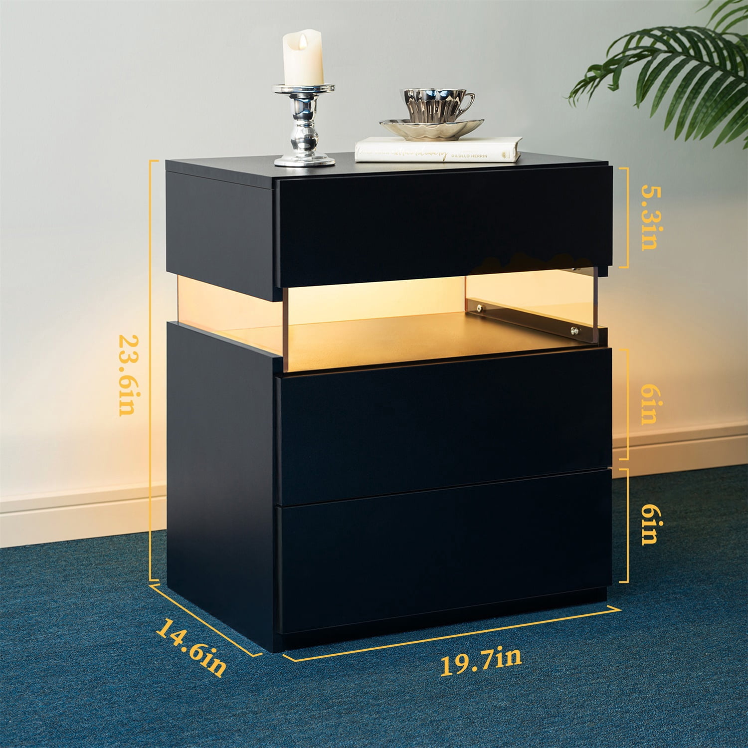 Hommoo 3 Drawer Dresser LED Nightstands, End Table Bedside Tables for Bedroom, Living Room, Black