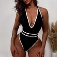 thumbnail image 2 of Enjoytime Women's Swimwear Color Block V-Neck Tummy Control One Piece Bathing Suit Tie Halter Backless Swimwear, 2 of 6