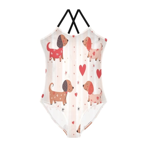 Girls' One-piece Swimsuit Cross Back Bathing Suit Beach Surfing Sizes 3T-10T Cute Dachshunds