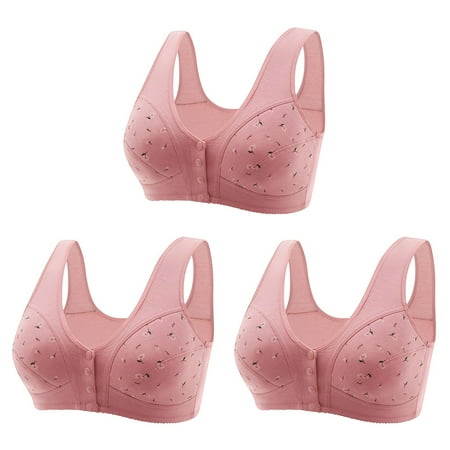 LMKIHUSA Daisy Bras for Women 3PC Front Closure Bras for Seniors Push Up Everyday Bra Floral Pattern Non-Steel Ring Comfortable Bra for Seniors Pink M