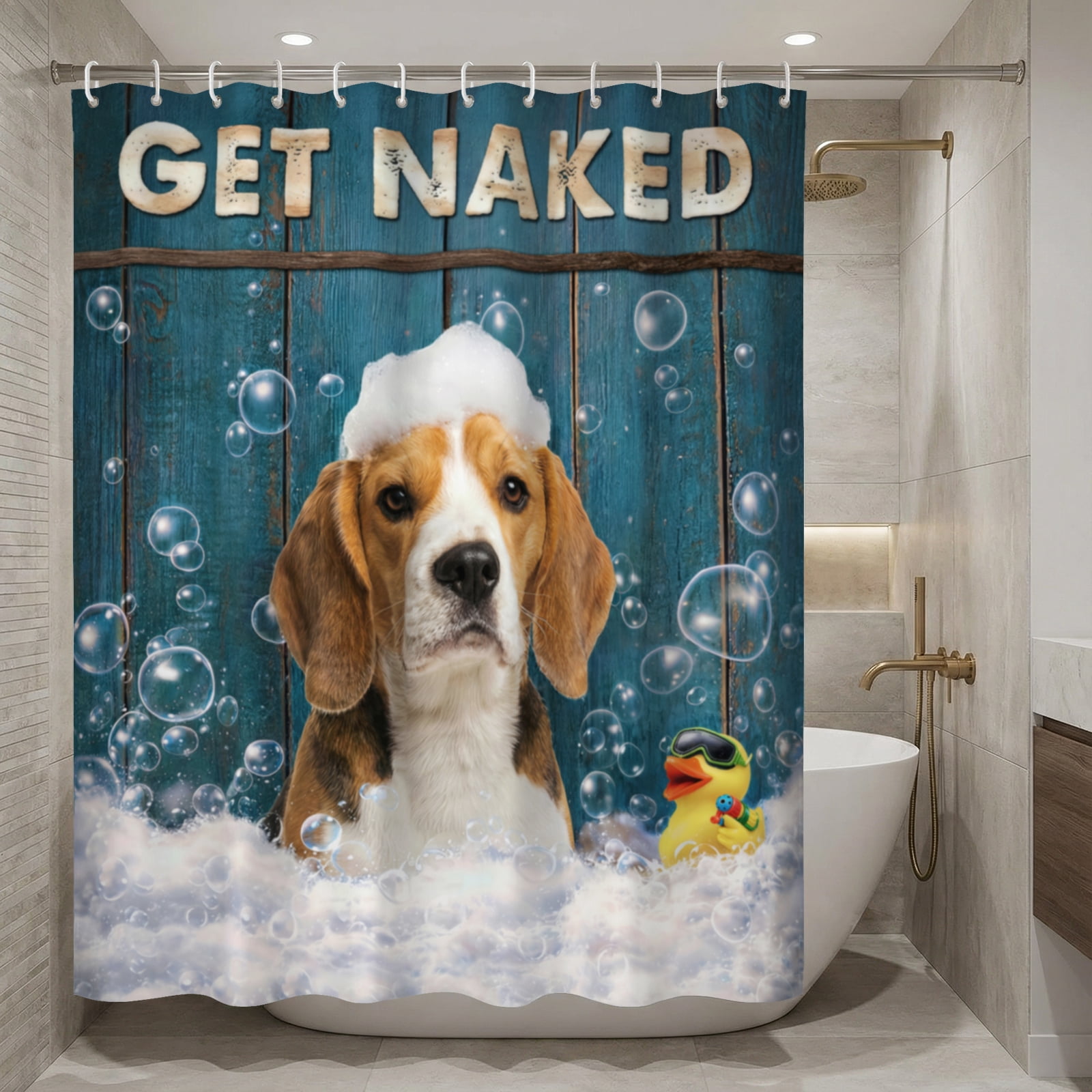 Beagle Puppy Shower Curtain Funny Dog Theme, "Get Naked" Bathroom Accessories for Dog Moms & Dads, Waterproof Fabric Bathroom Decor for Pet Lovers - 72"x72"