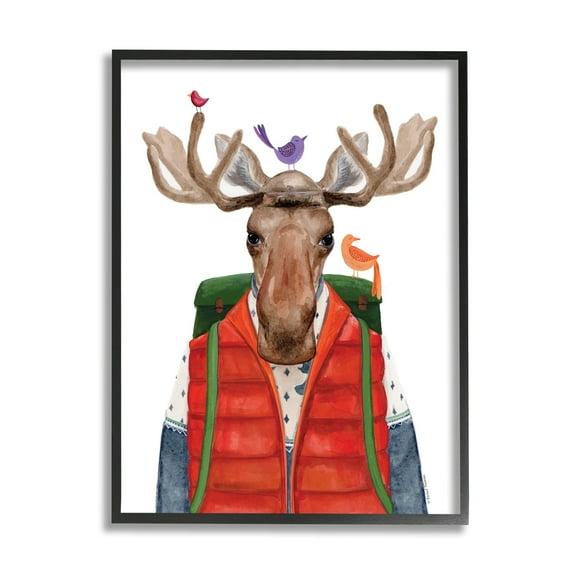 Stupell Industries Rustic Camp Attire Moose Antlers Perched Birds Framed Wall Art, 16 x 20, Design by Rachel Nieman