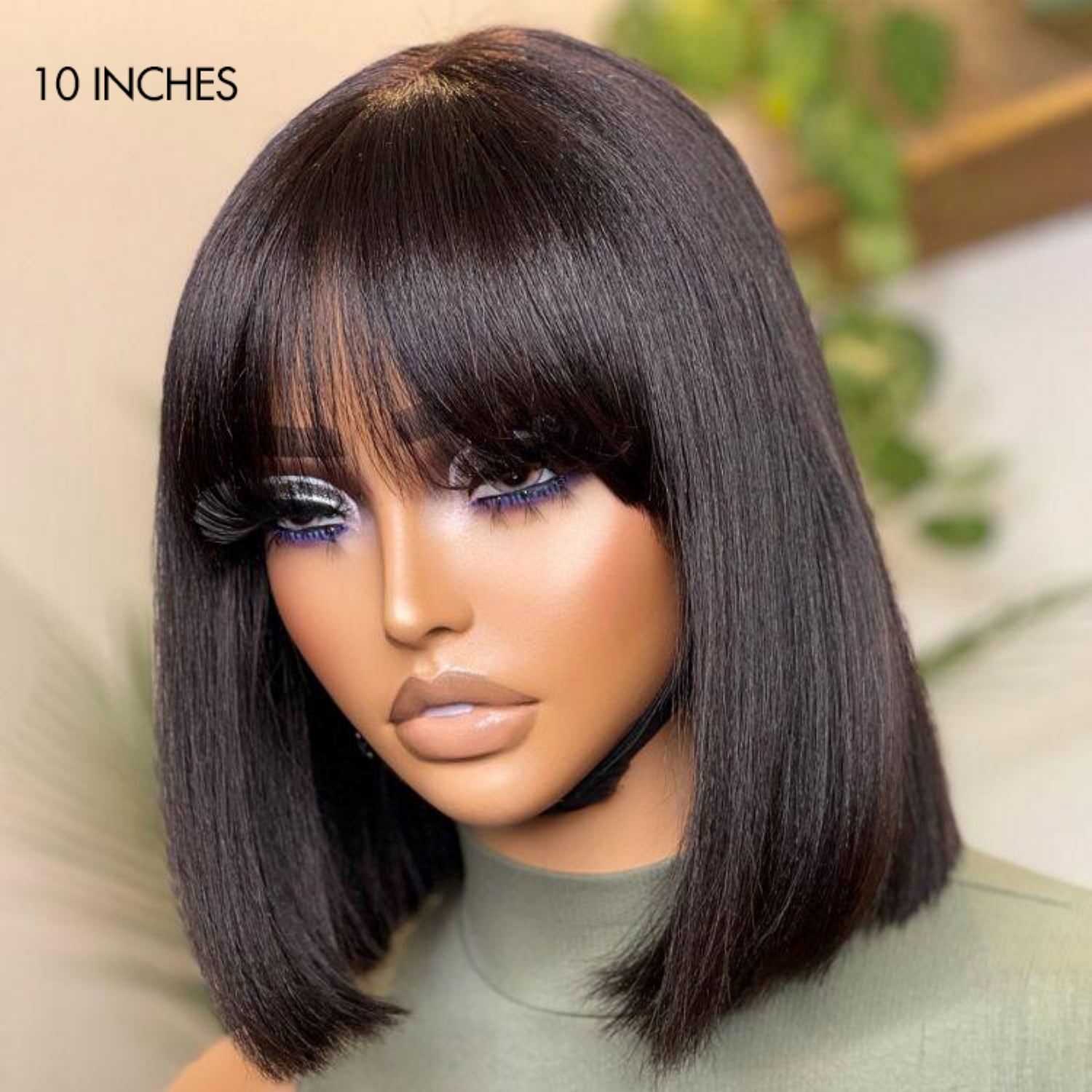 LUVME 10'' Natural Black 100% Human Hair Minimalist Glueless Yaki Bob Bangs Wig 1 Piece