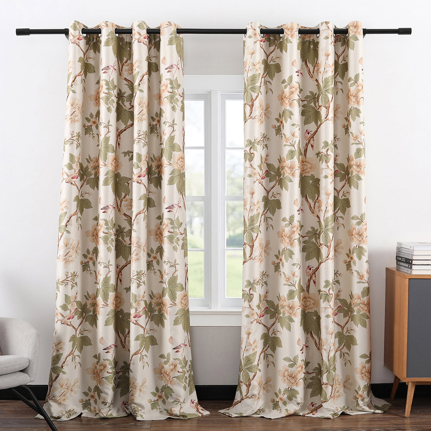 VOGOL Thermal Insulated Floral Blossoming Blackout Curtains, Room Darkening Window Panel Drapes for Bedroom, Living Room, Grommet Top, W52xL84, 2 Panels