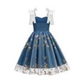 thumbnail image 5 of Girls Embroidered Tulle Dress Tie Strap Floral Ruffle Aline Dress Sleeveless Formal Birthday Party Dresses Dark Blue, Size 9-10, 5 of 6