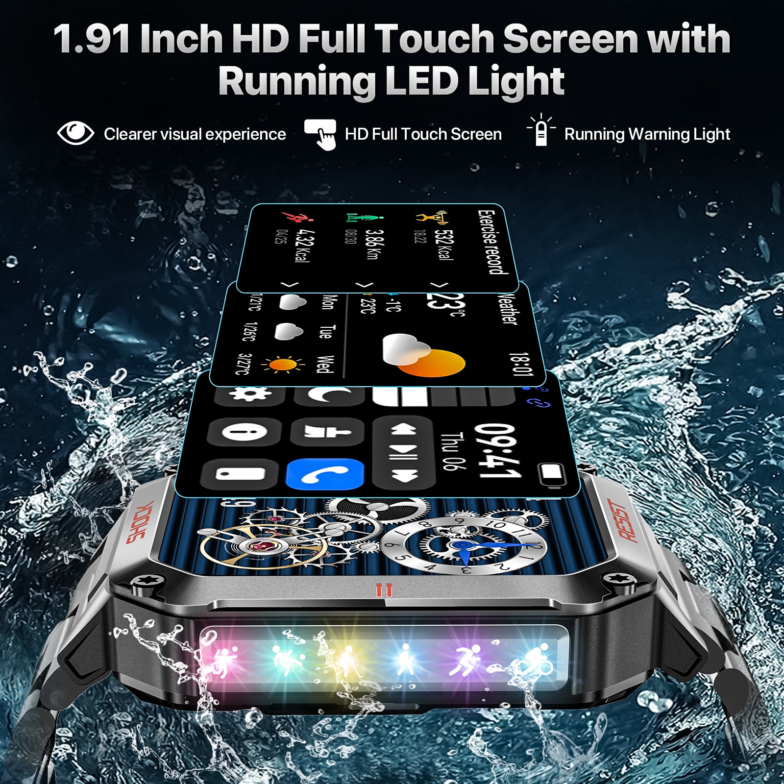 Smart Watches for Men, Fitness Tracker for Android/iPhone, 1.91" HD Screen Bluetooth Calls, IP68 Waterproof
