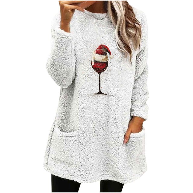 Pisexur Chandails de Noël pour Femmes en Molleton Doux à Manches Longues Col Rond Chandail Imprimé Verre de Vin Rouge de Noël chandail d'Hiver Chaud Épaissi avec Poches