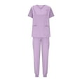 thumbnail image 3 of Womens Scrubs Set Two Piece Outfits V Neck Short Sleeve Cute Scrub Nursing Top Medical Scrubs High Waisted Scrubs Joggers Pants Pantalones De Chef Para Mujer, Purple L, 3 of 7