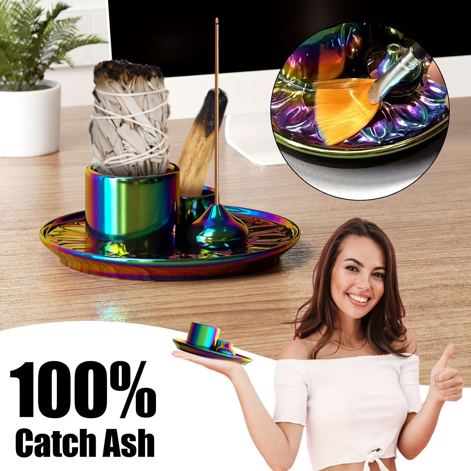 1pc Artistic Ceramic Candle Holder & 4-in-1 Incense Burner - Electroplated Rainbow Finish, Multifunctional Palo Santo & Sage Smudging Kit, Boho Home Decor with Vibrant Iridescent Finish