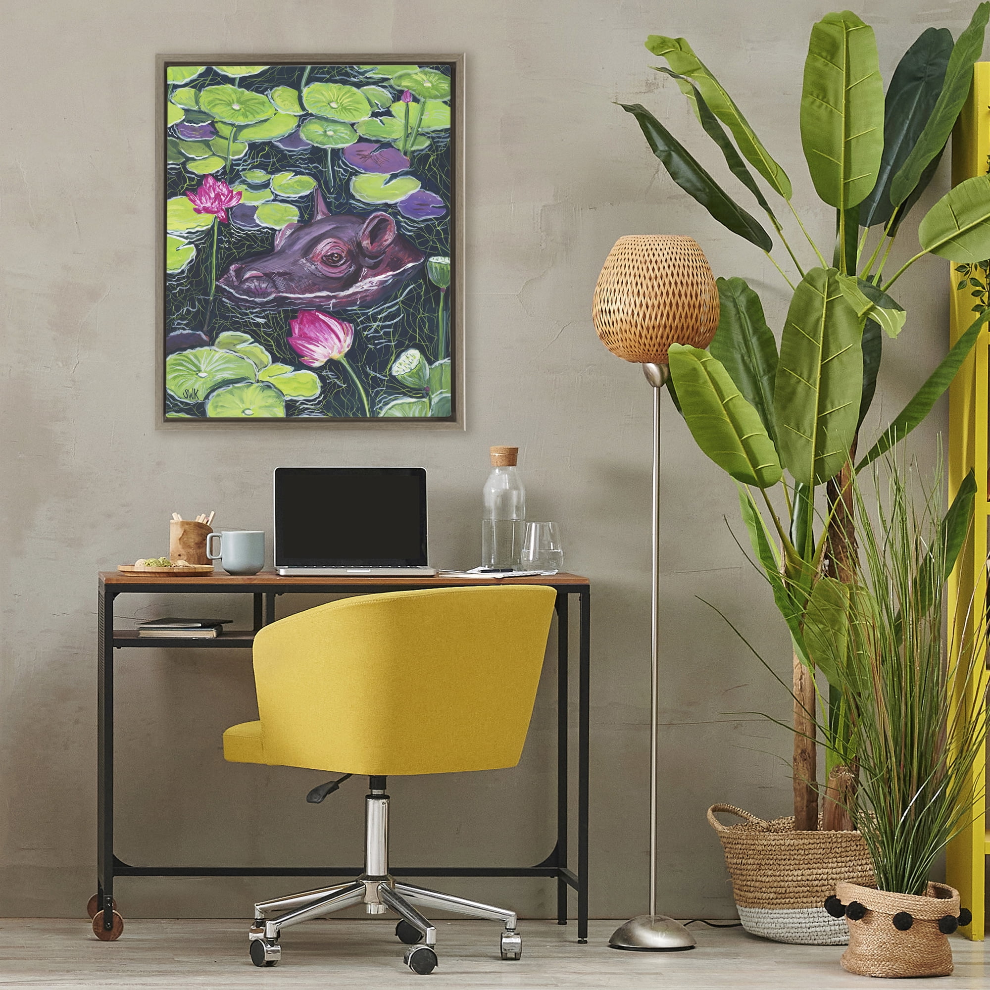 Stupell Industries Hippo & Blossoms Pond Brown Framed Floater Canvas Wall Art, design by Sarah Waldron Kimball
