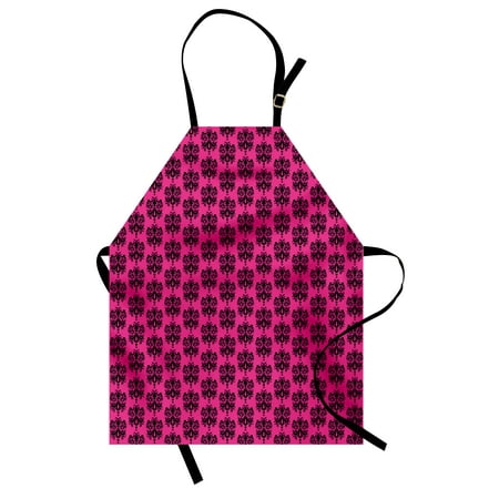 Pink Apron - Hot Pink Apron Eastern Themed Ethnic Oriental Black Damask Design on a Hot Pink Backdrop, Unisex Kitchen Bib Apron with Adjustable Neck for Cooking Baking Gardening, Black Hot Pink, by Ambesonne