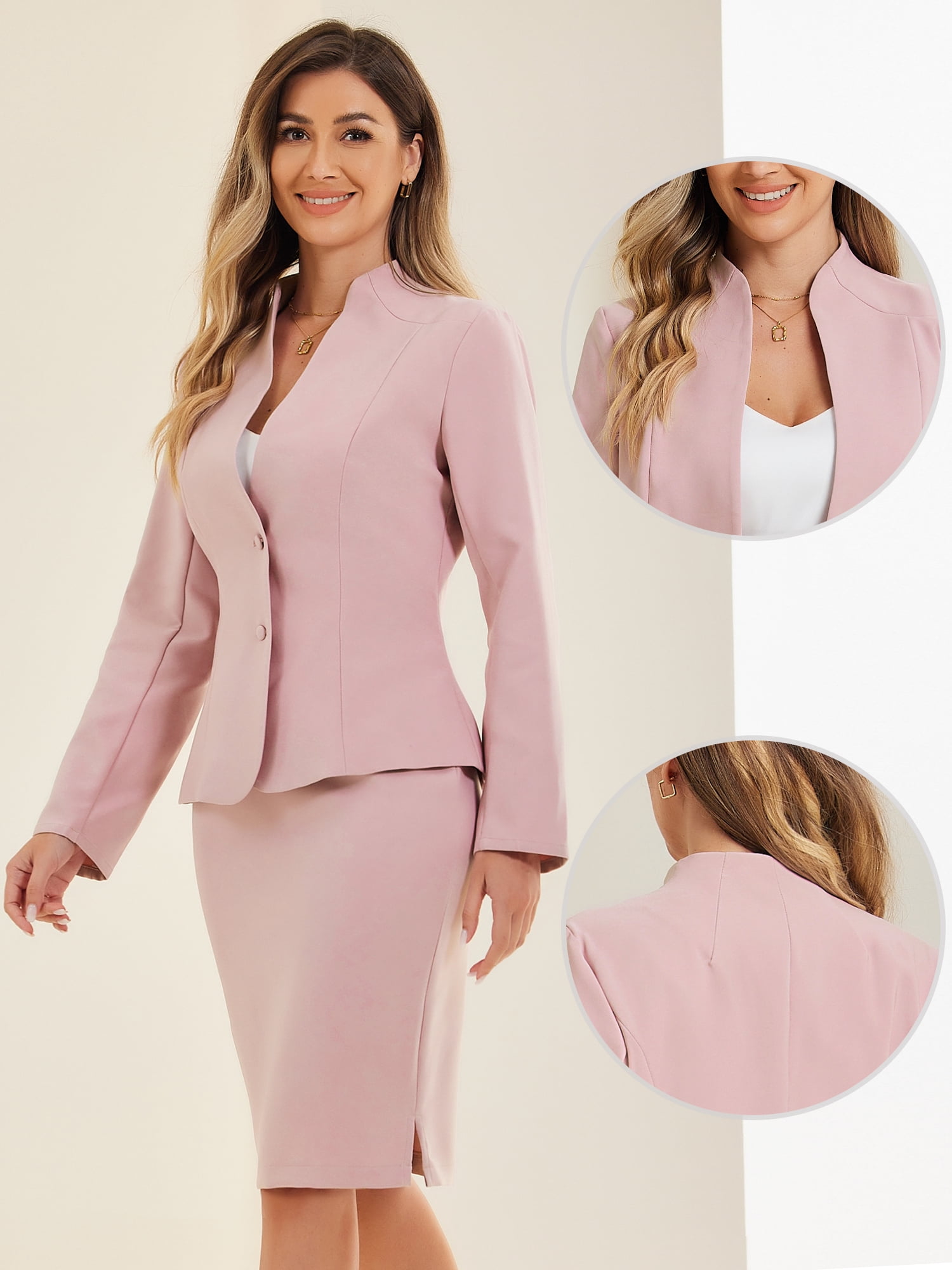 DARING DIVA Women's 2-Piece Business Blazer Pencil Skirt Suit Set L Pink