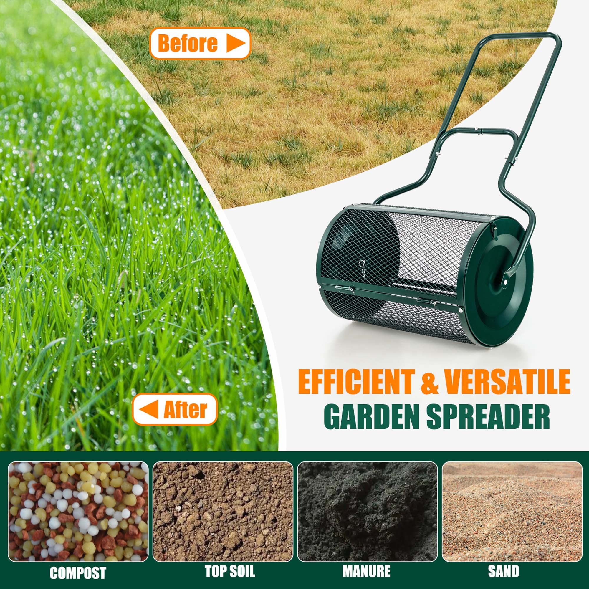 Costway 24" Peat Moss Spreader Compost Spreader with Upgrade Side Latches & U-shape Handle Green