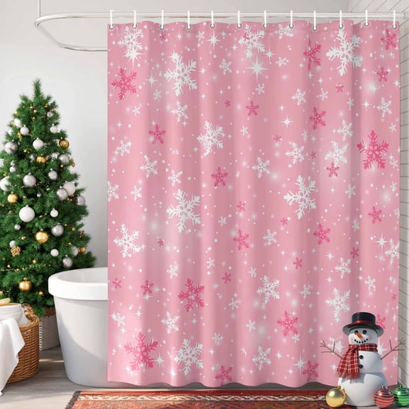 Pink Christmas Snowflakes Shower Curtain, 60" x 72", Winter Snowfall Shiny White Modern Waterproof Bathroom Curtain Washable Shower Curtain Set with 12 Hooks