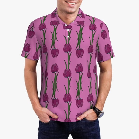Logiee Tulips Flowers Print Mens Polo Shirts,Mens Golf Polo Shirts,Short Sleeve Casual Polo Shirts for Men,Summer Fashion Beach Shirts-Small