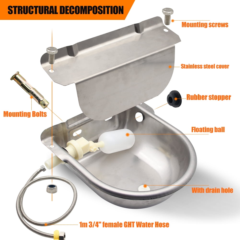 Automatic Animal Drinking Water Bowl with Float Valve,304 Stainless Steel Livestock Dispenser Waterer with Drainage Hole,Includes Water Bowl,3/4''Water Hose,2 Float Valves and Mounting Bolts