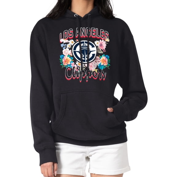 Women's G-III 4Her by Carl Banks Black LA Clippers Flowers Team Logo Graphic Fleece Pullover Hoodie