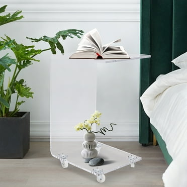 ANQIDI Modern Acrylic Clear Side Table C-Shape Sofa Side End Table Removable Laptop Desk Coffee Desk w/4 Wheels for Living Room Bedroom Bedside Table