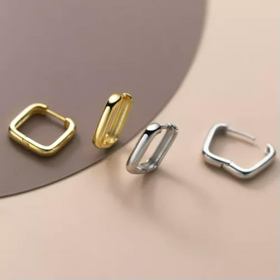 K-KED 925 Sterling Silver Solid Classic Hoop Square Huggie Earrings Ear Piercing-Silver