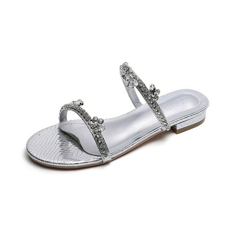 

Rhinestone Low Heel Outer Round Head Toe Flat Bottom Beach Sandal Slippers Female Summer (Color : D Size : 39 Code)