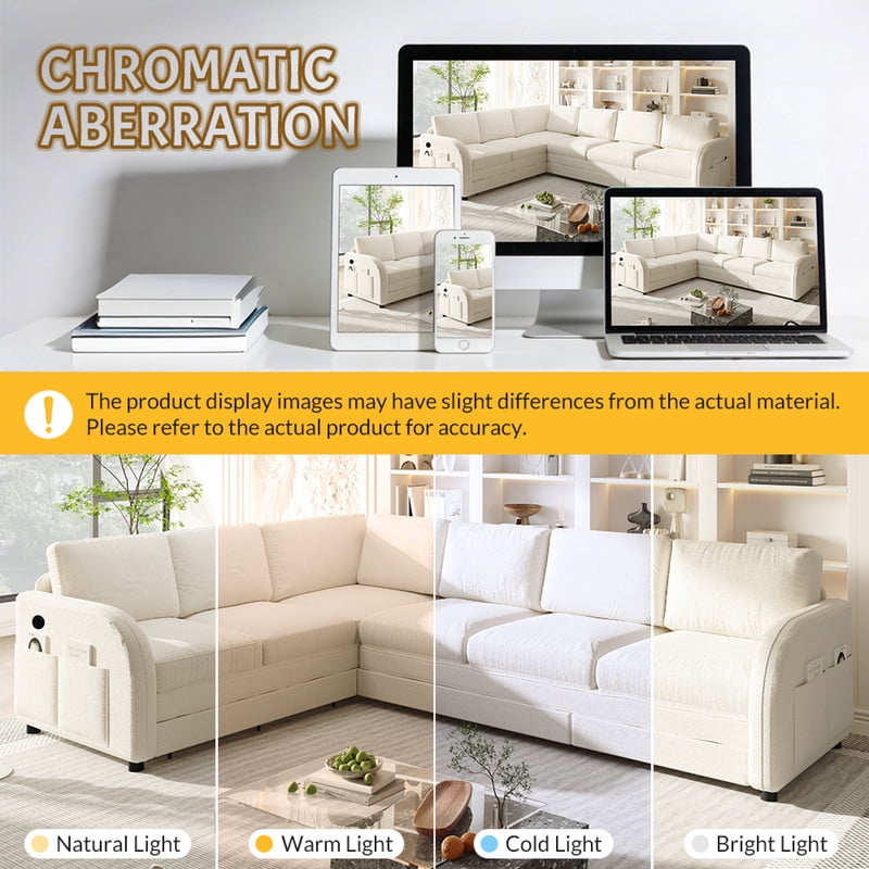 L-Shaped Sectional Sofa with Pull Out Bed, 115.2'' Convertible Sleeper Sofa with Reversible Chaise, USB Charging Ports & Side Pockets, Oversized 6-Seat Sofa Couch for Living Room