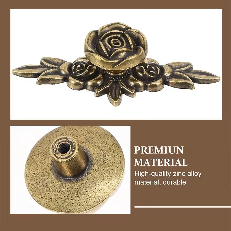 2pcs Vintage Brass Rose Flower Drawer Handles - Ornate Zinc Alloy Cabinet Knobs for Wardrobe, Dresser, and Cabinets - Easy Installation with Included Hardware