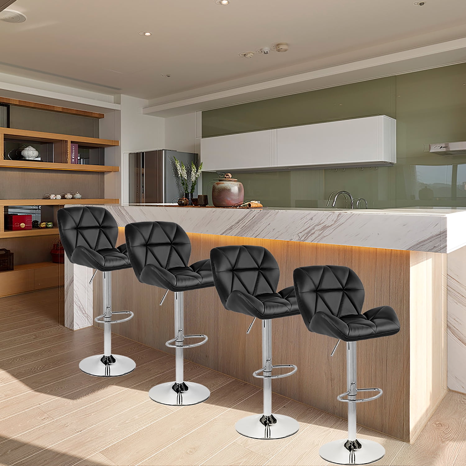 FULLWATT Bar Stools PU Leather Seat with Chrome Base Swivel Dining Chair Barstools, Black, Set of 4