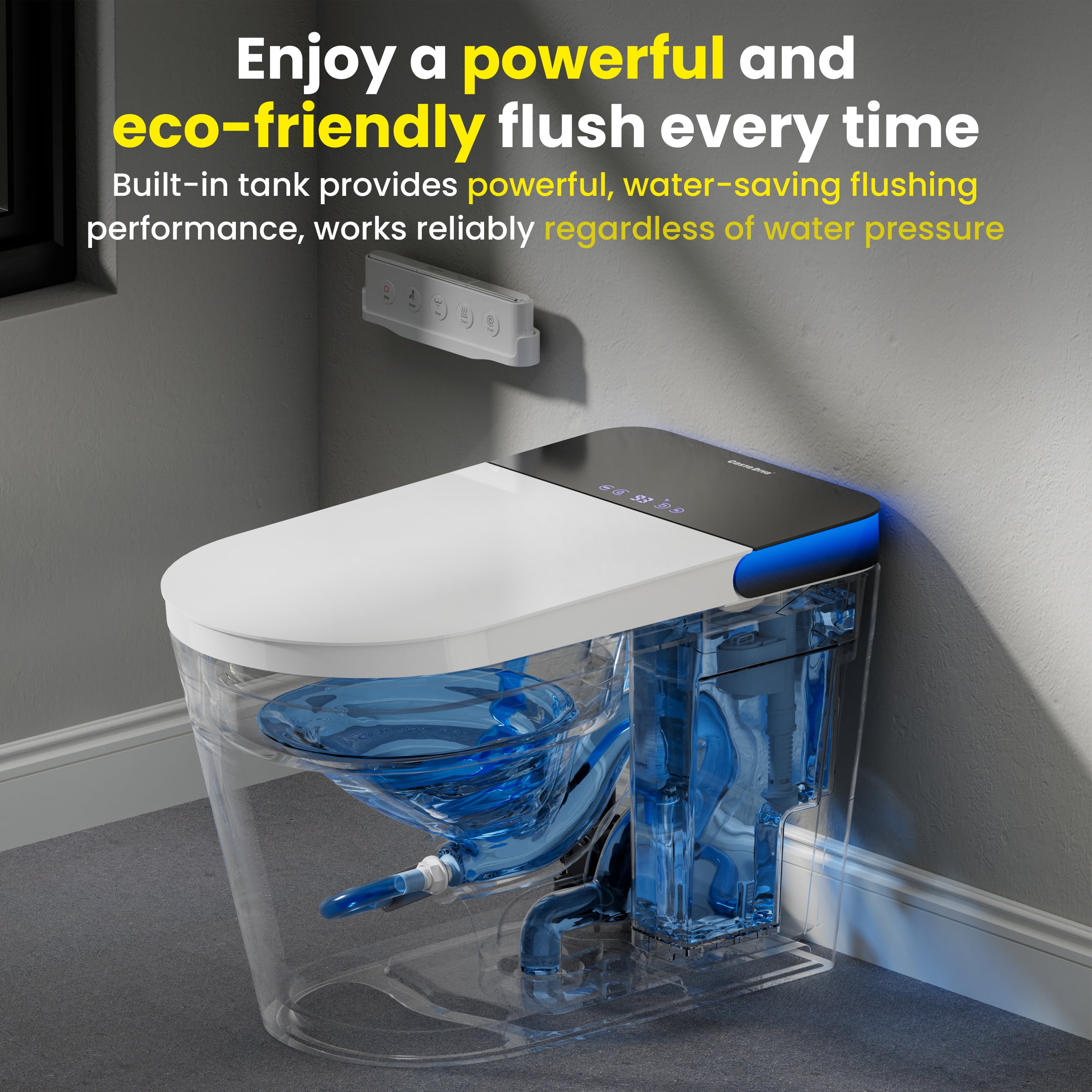 ADA Comfort Height Smart Bidet Toilet with Auto Open/Flush, Auto Temp Adjust/Foam Shield, 1.06 GPF, Remote Control