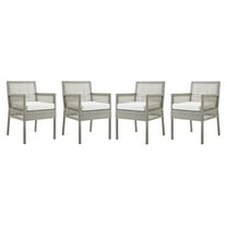 Contemporary Modern Urban Designer Outdoor Patio Balcony Garden Furniture Side Dining Armchair Chair, Set of Four, Fabric Rattan Wicker, Grey Gray White