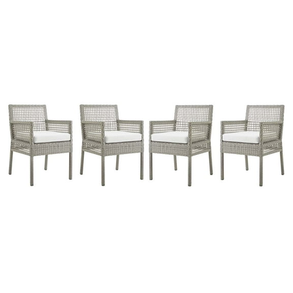 Contemporary Modern Urban Designer Outdoor Patio Balcony Garden Furniture Side Dining Armchair Chair, Set of Four, Fabric Rattan Wicker, Grey Gray White