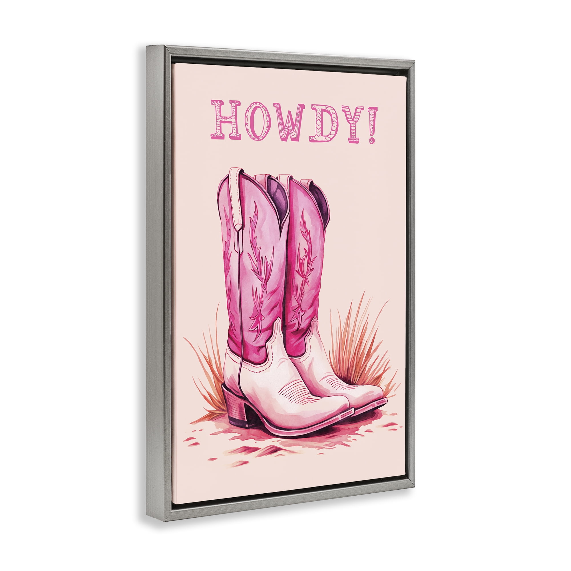 Stupell Industries Pink Cowgirl Boots Howdy Fashion Painting Gray Floater Framed Canvas Art Print Wall Art, 21 x 31