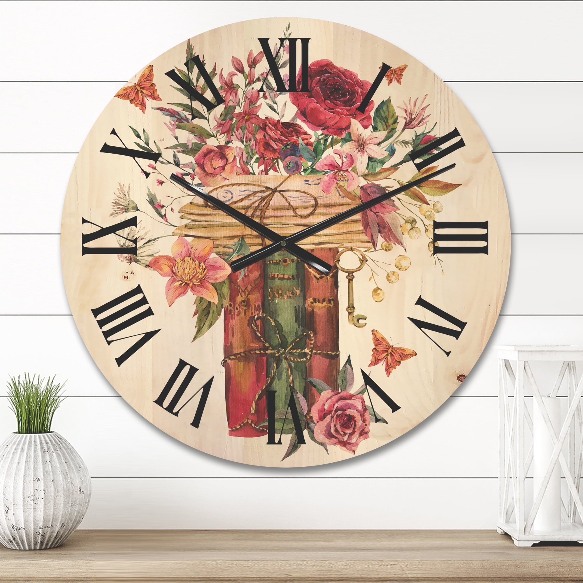 Designart 'Wildflowers With Vintage Old Books' Farmhouse Wood Wall Clock