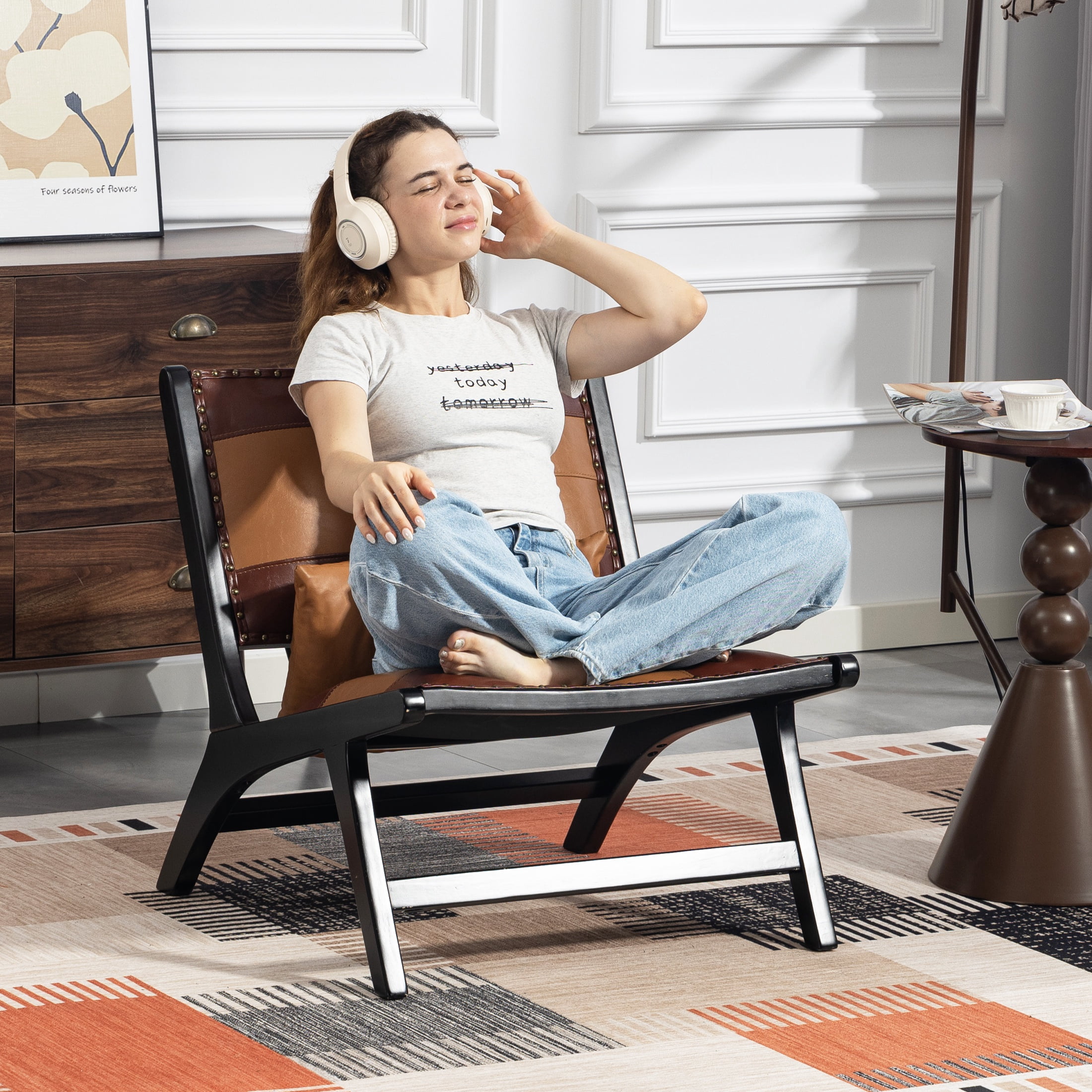 PORKISS Modern Accent Chair, Boho PU Leather Side Chair with Wood Frame and Pillow, Upholstered Armchair Comfort Reading Chair Lounge Chair for Living Room Bedroom Sunroom, Antique Brown