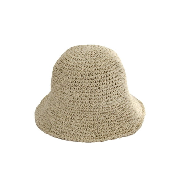 Women Summer Solid Color Woven Straw Bucket Sun Hat Foldable Wide Brim Hollow Breathable Sunscreen Beach Hat