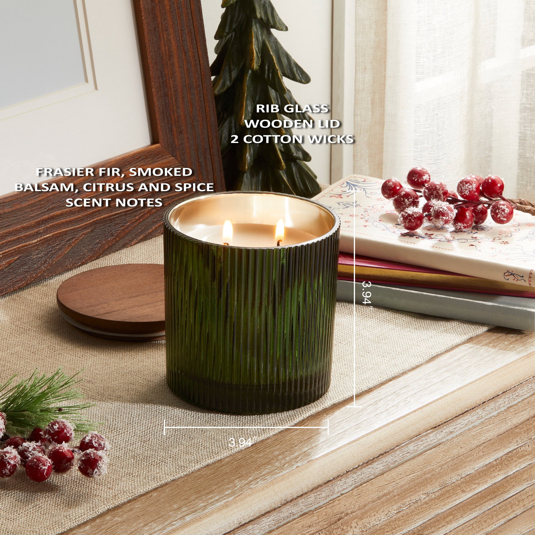 Better Homes & Gardens Fresh Cut Frasier Scented Cotton 2-Wicks Ribbed Mecury Glass Jar Candle with Wooden Lid 12oz