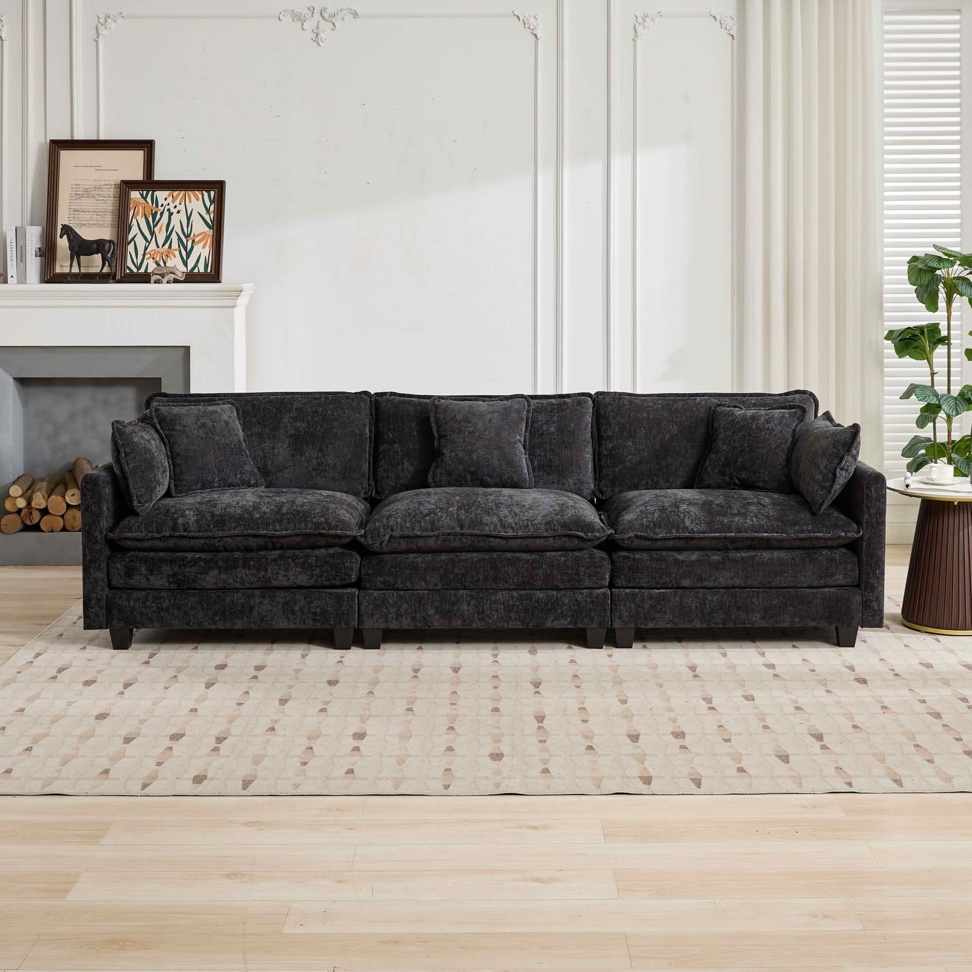 MAYEERTY 113.8 Inch Cloud 3‑Seater Modular Sectional Sofa, Chenille Couch with Double‑Layer Seat Cushion for Home Apartment, Ottoman Not Included