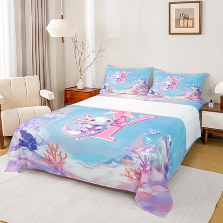 jejeloiu Girls Axolotl Full Size Sheets For Kids Pink Monogrammed Y Letter Bed Sheets 4-Piece