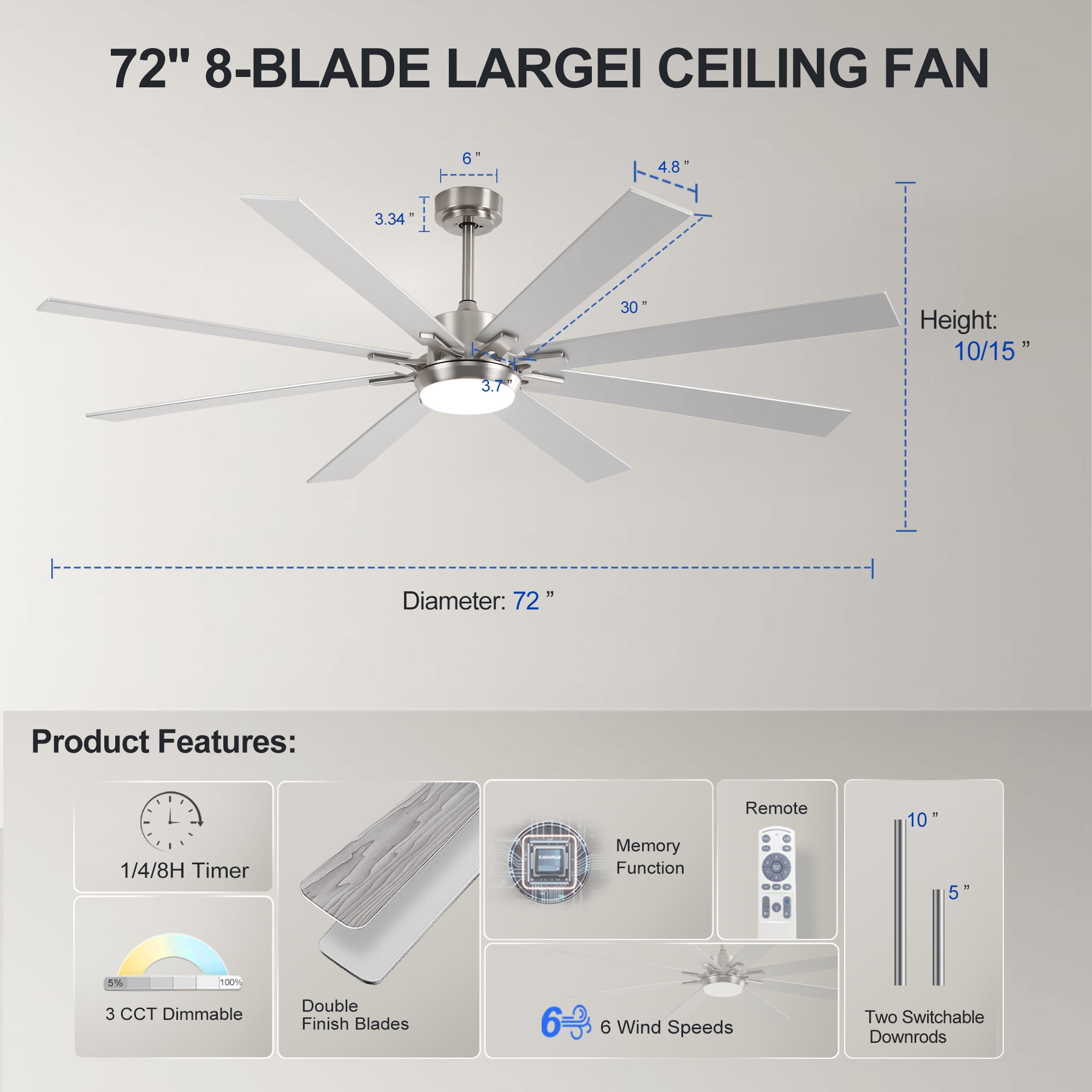 BOFANG 72 in Large Ceiling Fan with Dimmable LED Light and Remote, 8 Blades DC Motor(Nickel + Silver)