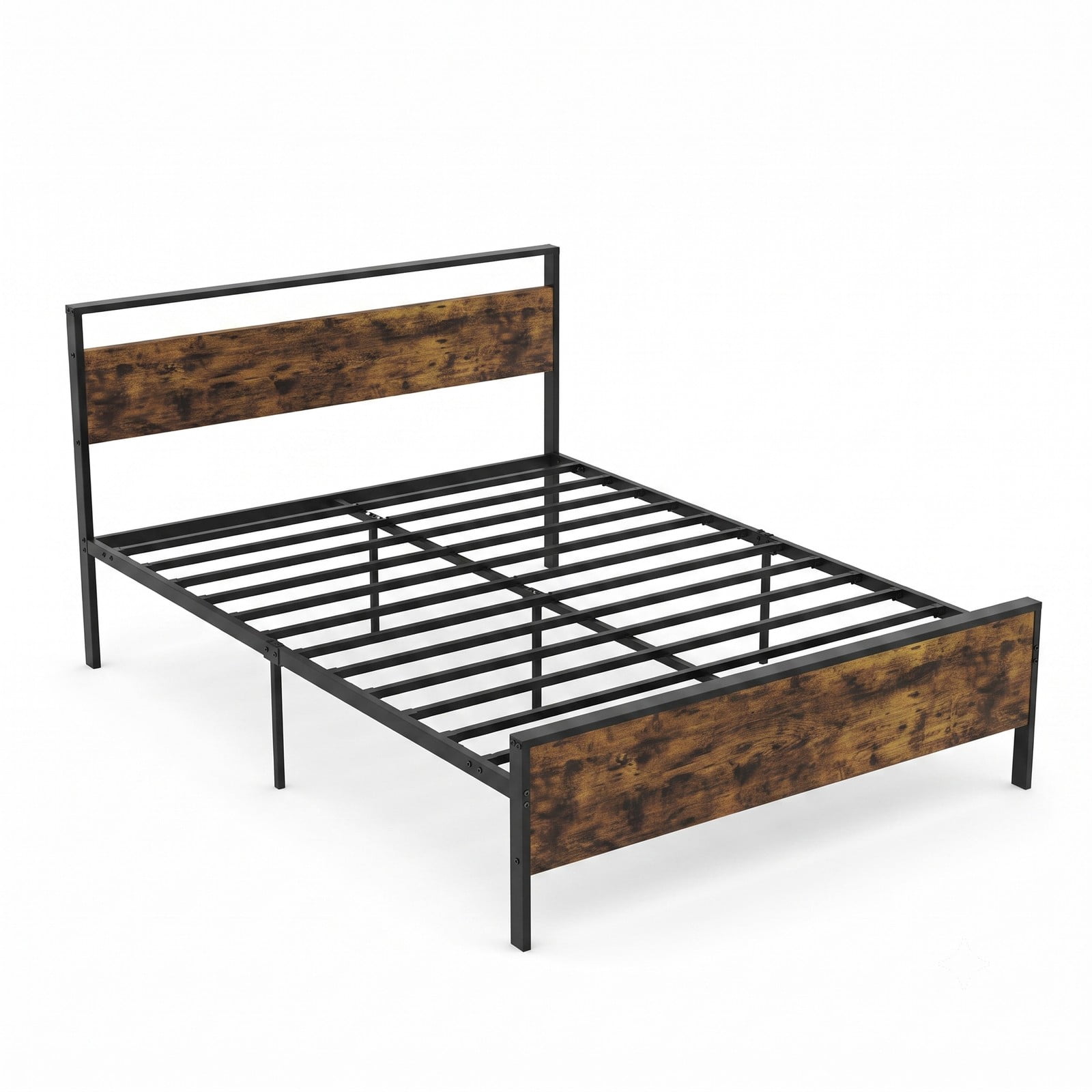 Furnibear Queen Bed Frame with Storage, Industrial Metal Platform Bed with Wooden Headboard and Under-Bed Space, Rustic Brown