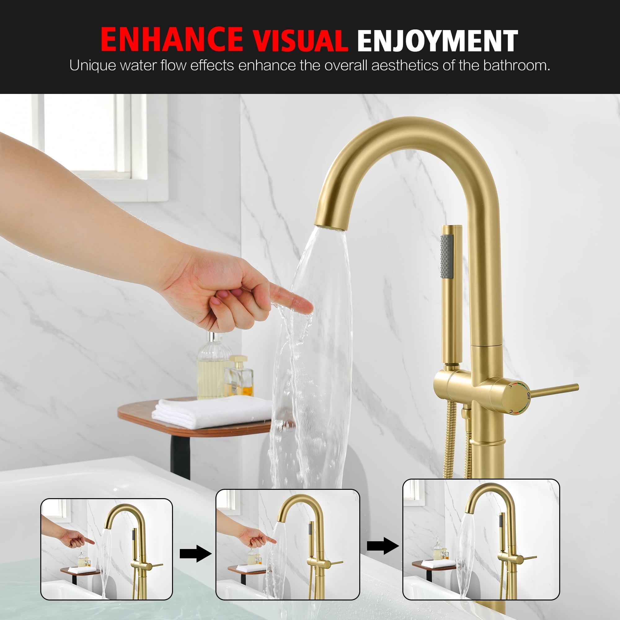 sumerain Freestanding Tub Faucet Brushed Gold, Brass Floor Mount Bathtub Filler Faucet with Handheld Sprayer for Bathroom, High Flow
