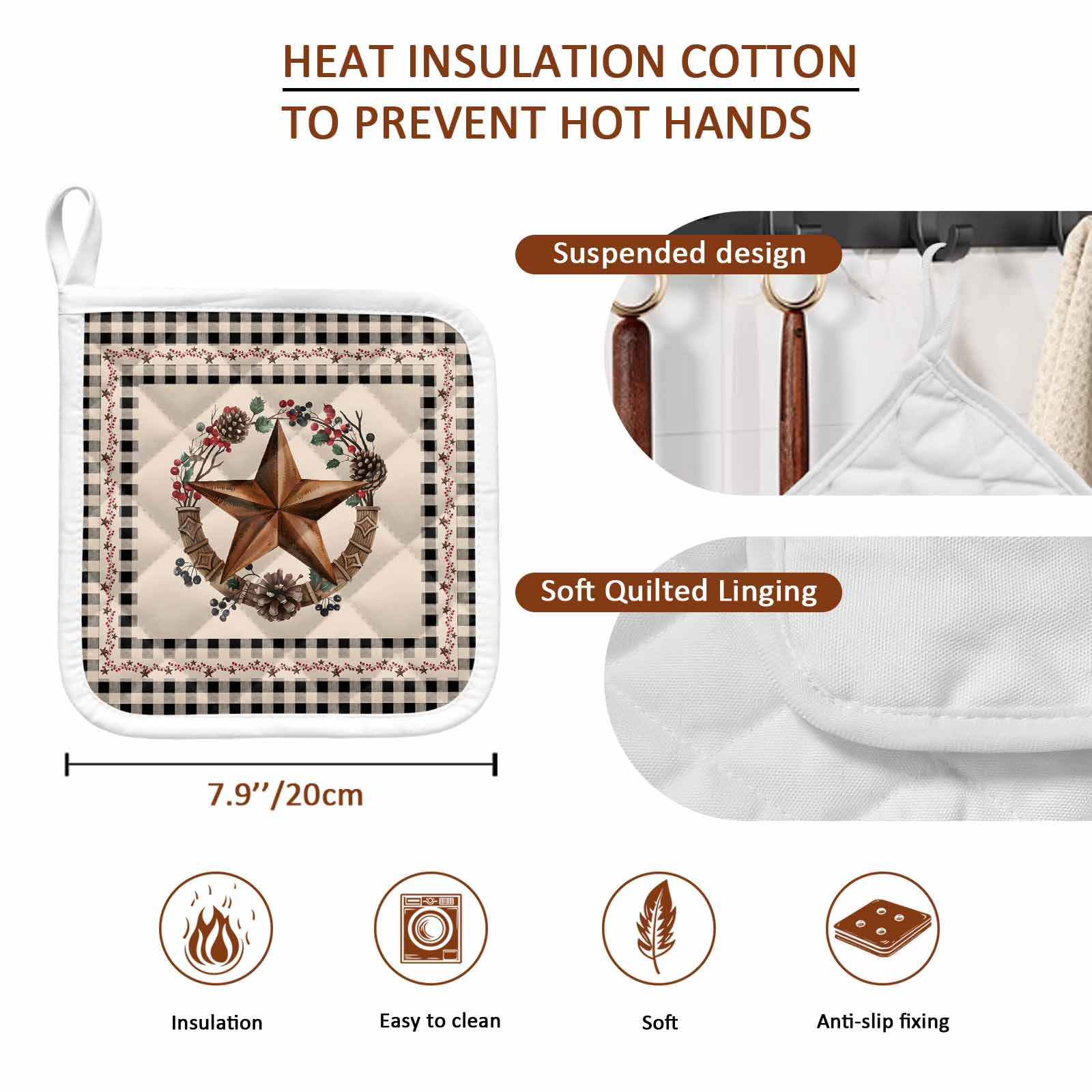 Farmhouse Pot Holders for Kitchen Heatproof Potholder, 3 Pack Country Star Berry Plaid Lodge Grey Brown Hot Pads Multipurpose Oven Pads Cloth Potholders Trivet for Cooking Baking