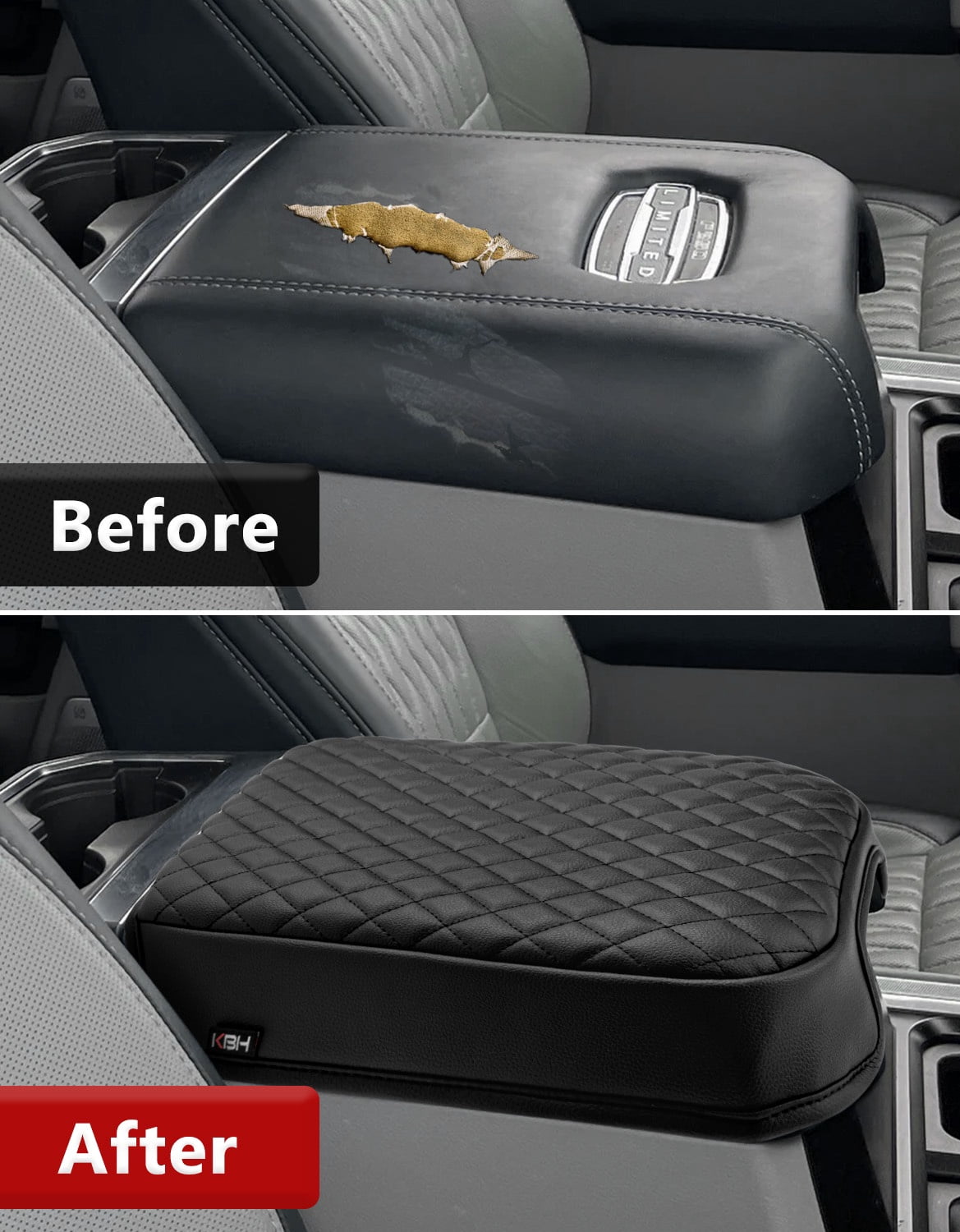 KBH Center Console Cover for 2023-2026 Ford F250 F350 F450 F550 Super Duty Accessories, Black Leather Middle Console Lid Armrest Cushion Pad for Truck Interior(Bucket Seat)