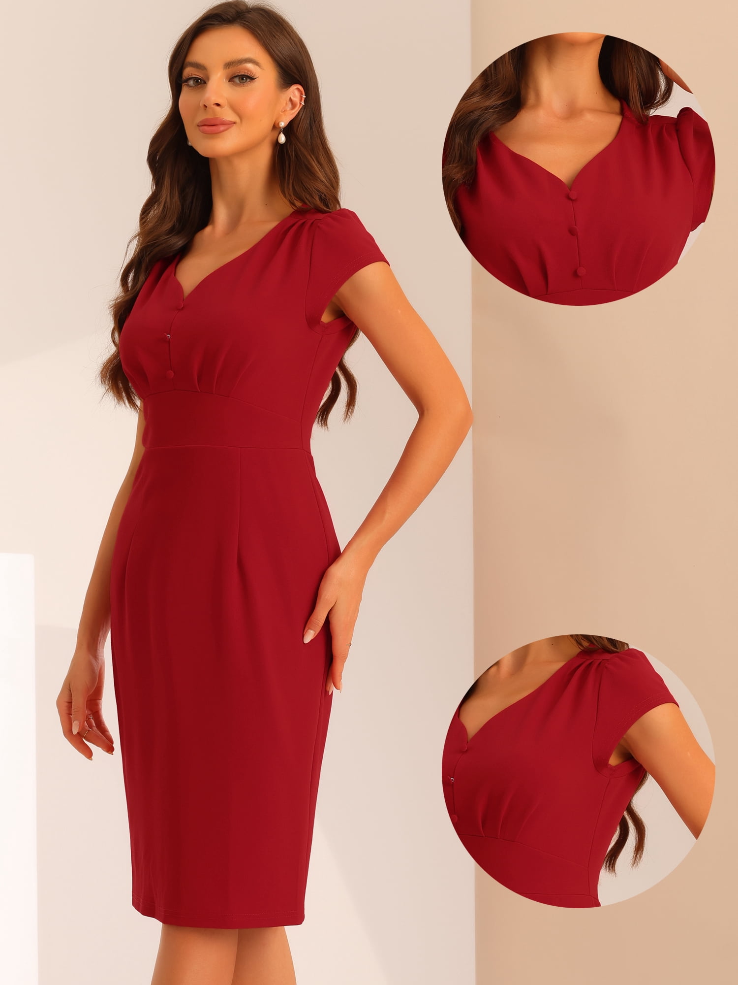 DARING DIVA V Neck Sheath Cap Sleeves Split Pencil Dress XS Red