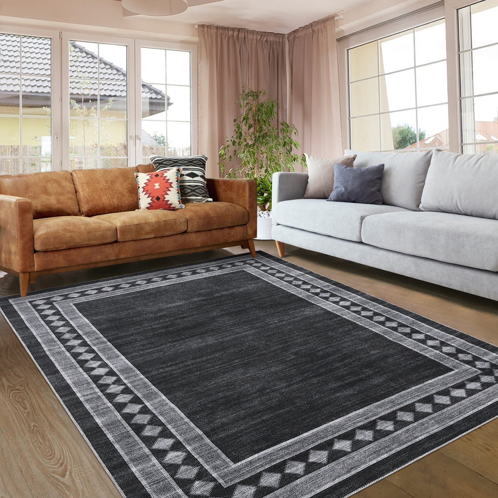 Garvee 10'x13' Modern Area Rug Solid Bordered Rugs, Washable Geometric Neutral Accent Carpet with Non-Slip Backing, Low Pile Stain-Resistant Rug for Living Room Dining Room Home Office, Black