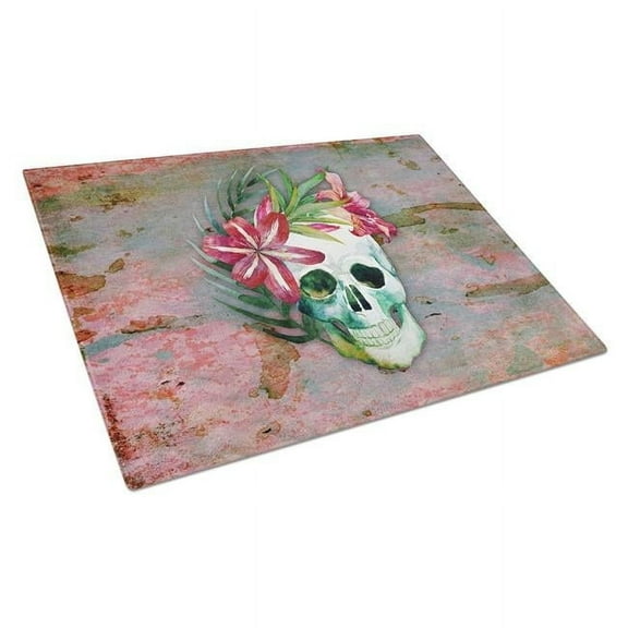 Day of the Dead Skull Flowers Glass Cutting Board, Large