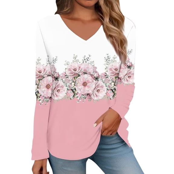 Women's Oversized V Neck T Shirt Trendy Loose Fit Long Sleeve Tops Casual Fall Floral Printed Going out Graphic Tees Pink 0724*sweatshirts XL
