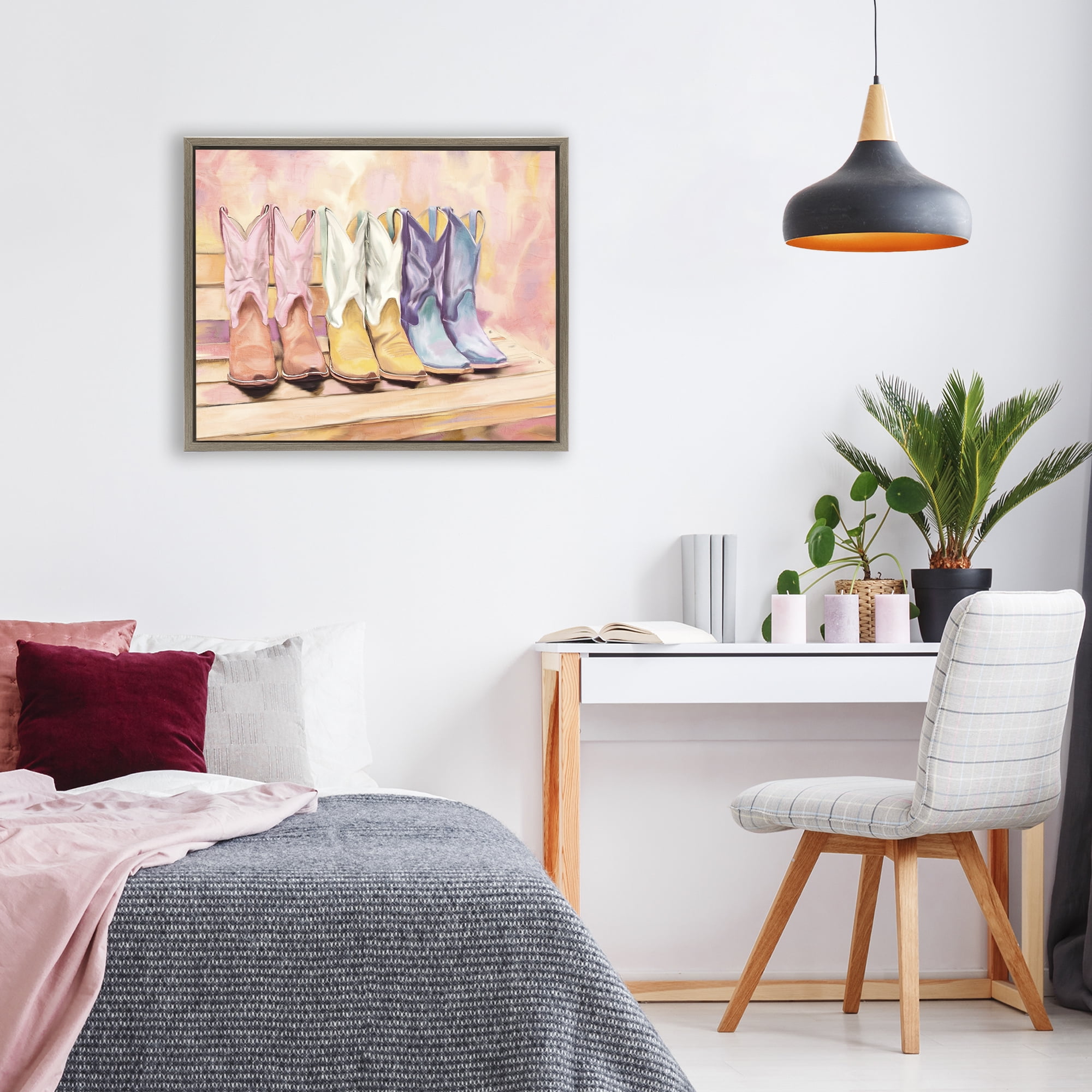 Painted Boots Trio Brown Framed Floater Canvas Wall Art, design by Kim Allen